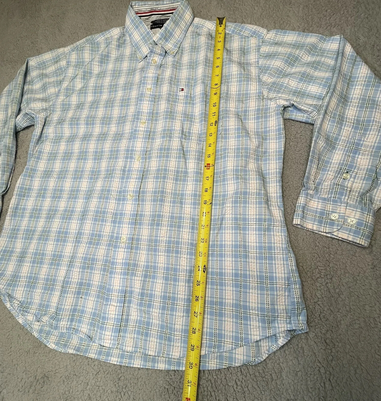 Tommy Hilfiger Men&rsquo;s XL Long Sleeve Button Down Plaid Shirt Baby Blue & White