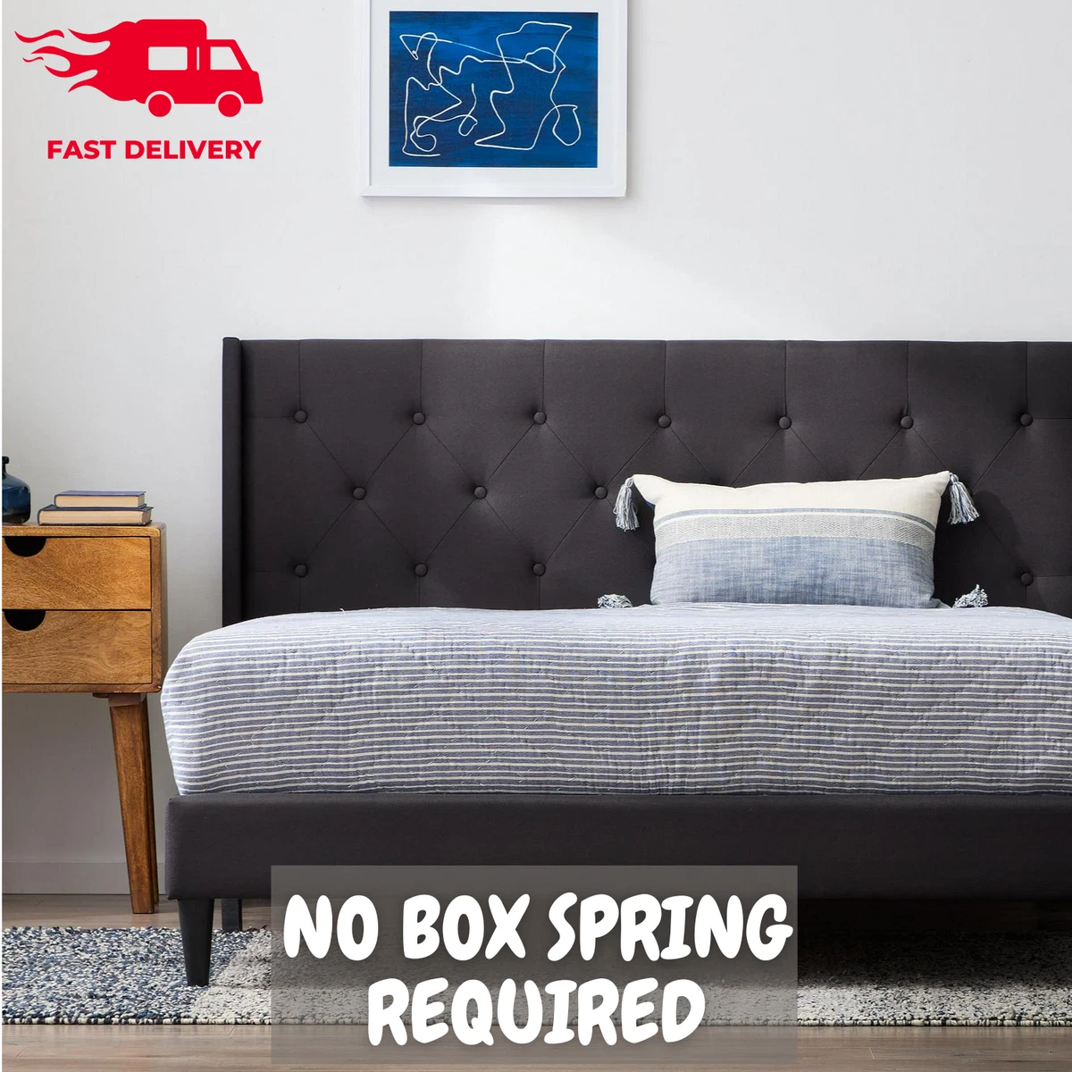 Charcoal Wooden Platform Bed Frame Headboard Twin Full Queen King