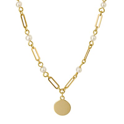 Halskette mit gravierbarer Scheibe und Perlenkette 9 kt Gelbgold 375 gepunzt British Made