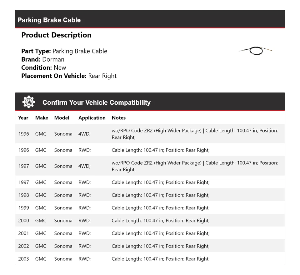 Cable de freno de estacionamiento trasero derecho para GMC Sonoma Dorman 1996-2003 1997 1998 1999 Foto 2 de 4
