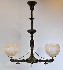 2-arm Egyptian Revival 1870's gas fixture w/ Baccarat gas shades king fisher