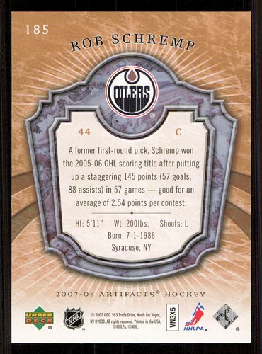 2007-08 Artifacts #185 Rob Schremp RC /999 - Picture 2 of 2
