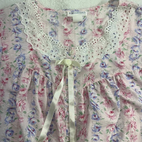 VTG Fundamentals 2 PC House Coat Night Shirt Pink Purple Floral Lace Size M - Picture 5 of 12