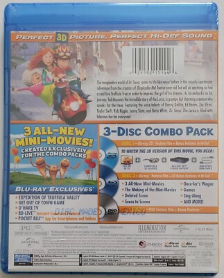 NEW DR. SEUSS' THE LORAX 3D/2D BLU RAY + DVD 3 DISC SET FREE