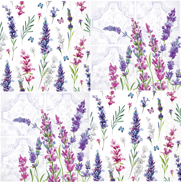 4 x Mixed Set/Lunch Napkins/33cm/3Ply/Decoupage/Summer Flowers/Lavender