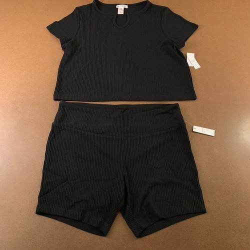 Feathers Women's 2X Black Rib Knit 2 Piece Short Sleeve Tee & Bike Short Set NWT - 第 1/12 張圖片