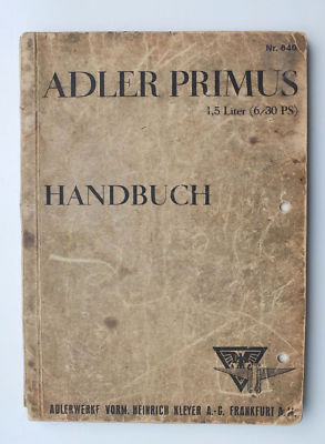 1932 German ADLER PRIMUS 1,5 Liter Car Genuine Vintage Manual Illustrated