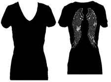 ALL RHINESTONE ANGEL WINGS  V NECK SHORT SLEEVE TEE SHIRT