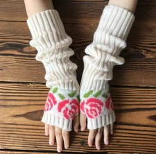 Womens Fingerless Long Arm Warmers Gloves Rose Accents 14.5 inches FREE SHIPPING