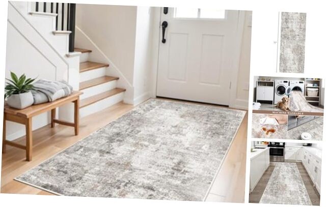 Non-Slip Washable Kitchen Runner Rug 3x6 in Beige Grey Brown with Rubber Backing  