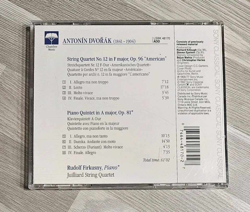 *REFERENCE* Dvorak: Piano Quintet; String Quartet "American", Juilliard/Firkusny - Image 2 of 3