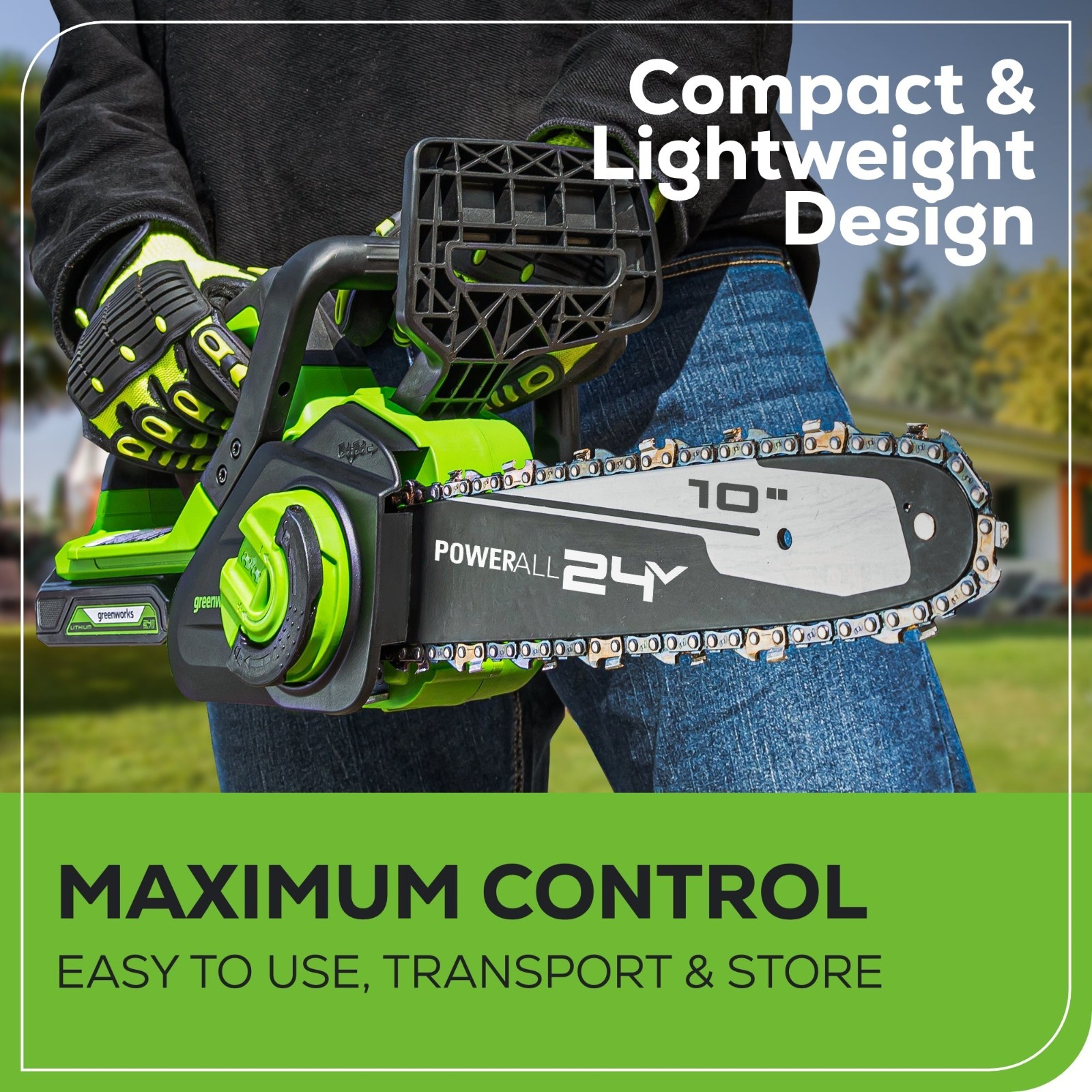 Greenworks 24V 10 inch Bar Cordless Chainsaw with 2Ah Battery and 2A Charger
