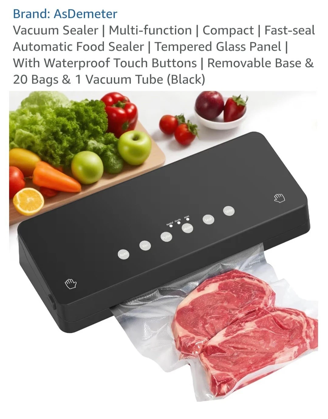 AsDemeter Fast Seal MultiUse Automatic Food Vacuum Sealer 20 Bags/Vac Tube Black