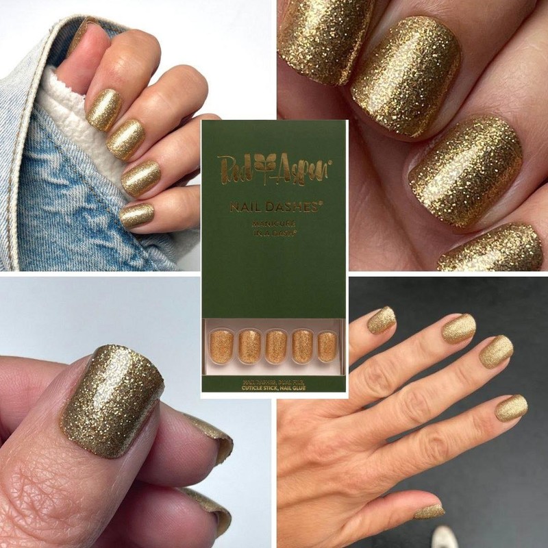 Red Aspen Press On Nails- Colbie's Class Ring-Short-Square--Glitter-Gold