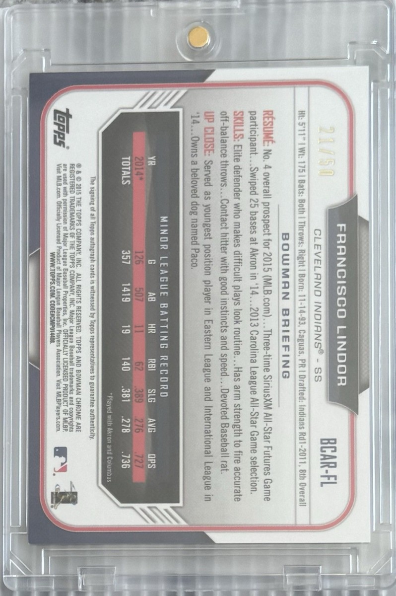 Francisco Lindor Auto /50 2015 Bowman Chrome Rookie Gold Refractor