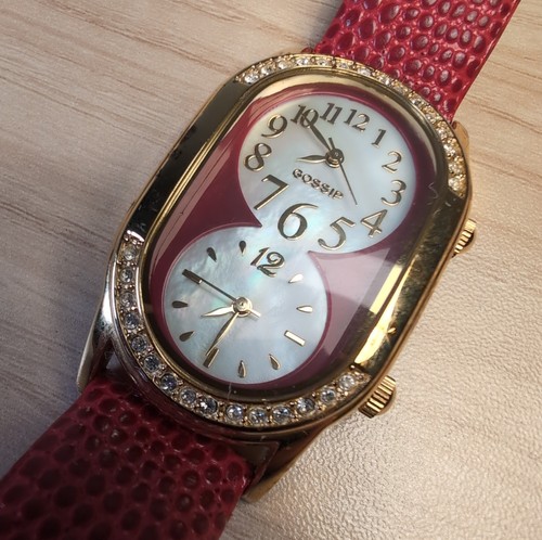 Gossip Women Watch Double Dial Paved MOP Gold Red Rhinestones Leather Running