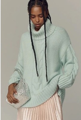 Anthropologie Pilcro Slouchy Cable Knit Turtleneck Sweater Sky Blue XL NWT