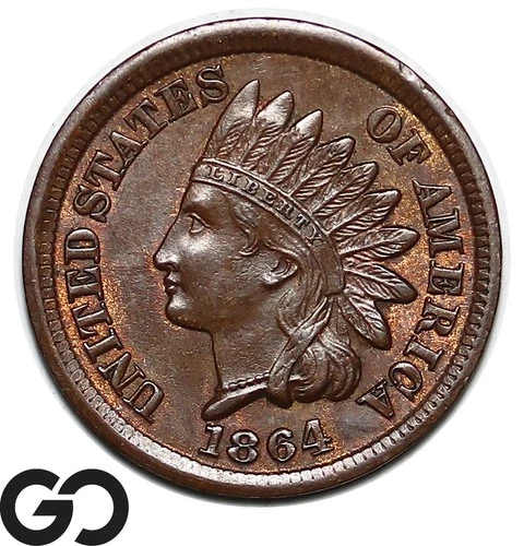 1864 Indian Head Cent Penny, Bronze, Choice BU Tougher Date