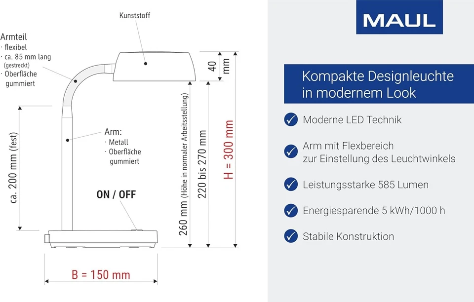 Schreibtischlampe LED Lampe Tischlampe Standfuß MAULabby 3000K 585lm 21x15x30cm - Bild 3 von 4