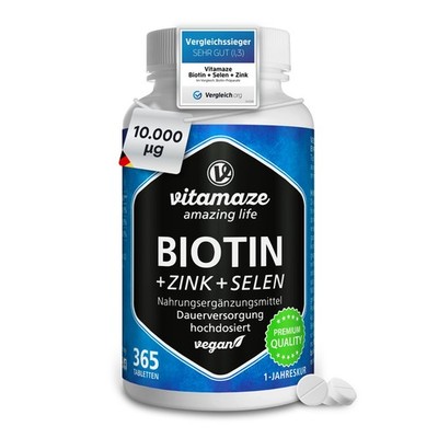 Biotin hochdosiert 10.000 mcg + Selen + 365 Stück (1er Pack), Transparent 