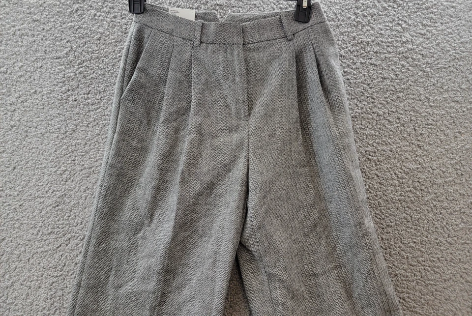 DKNY 高腰羊毛混纺阔腿裤女式 2 码黑色/象牙色拉链/挂钩和条形 — 第 3/4 张图片