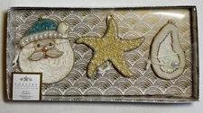 COASTAL COLLECTION Christmas Embellished Ornaments (3) SANTA STARFISH OYSTER NIB