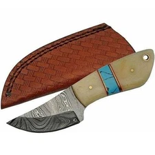 Rite Edge Damascus White Bone Handle Fixed Blade Knife with Leather Sheath