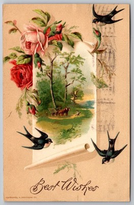 Best Wishes - Swallows & Roses - Postcard M