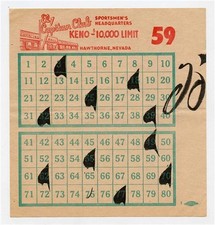 1980's El Capitan Club Keno Ticket Hawthorn Nevada Sportsmen's Headquarters