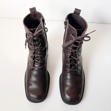 Vintage Brown Leather Square Toe Victorian Lace Up Ankle Boots 90s Grunge Size 7