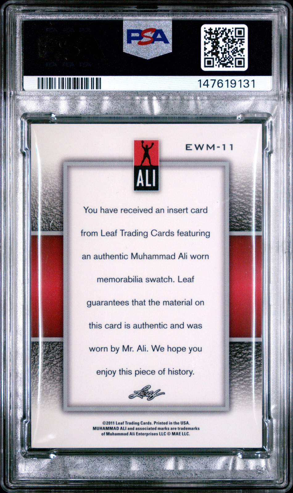 2011 LEAF METAL MUHAMMAD ALI EVENT WORN MEMORABILIA #EWM11 MUHAMMAD ALI PSA 9 view 2