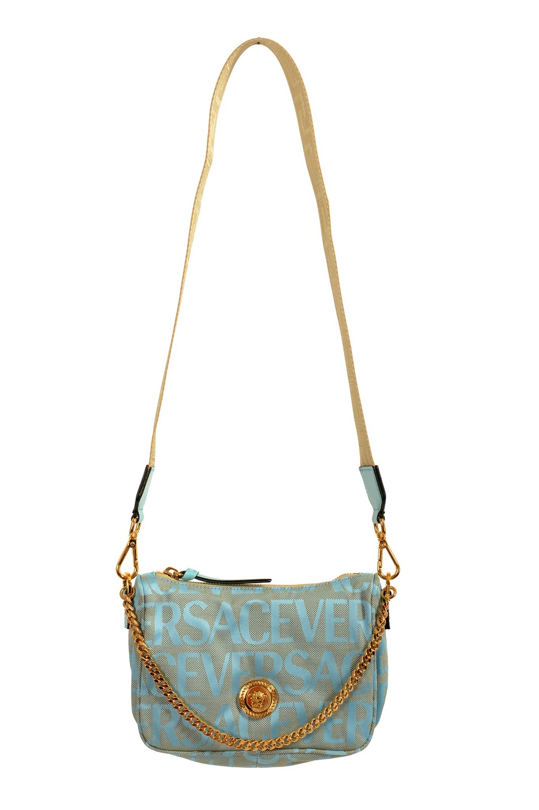 Versace Women's Blue Logo Print Gold Medusa Small Hobo Handbag Shoulder Bag