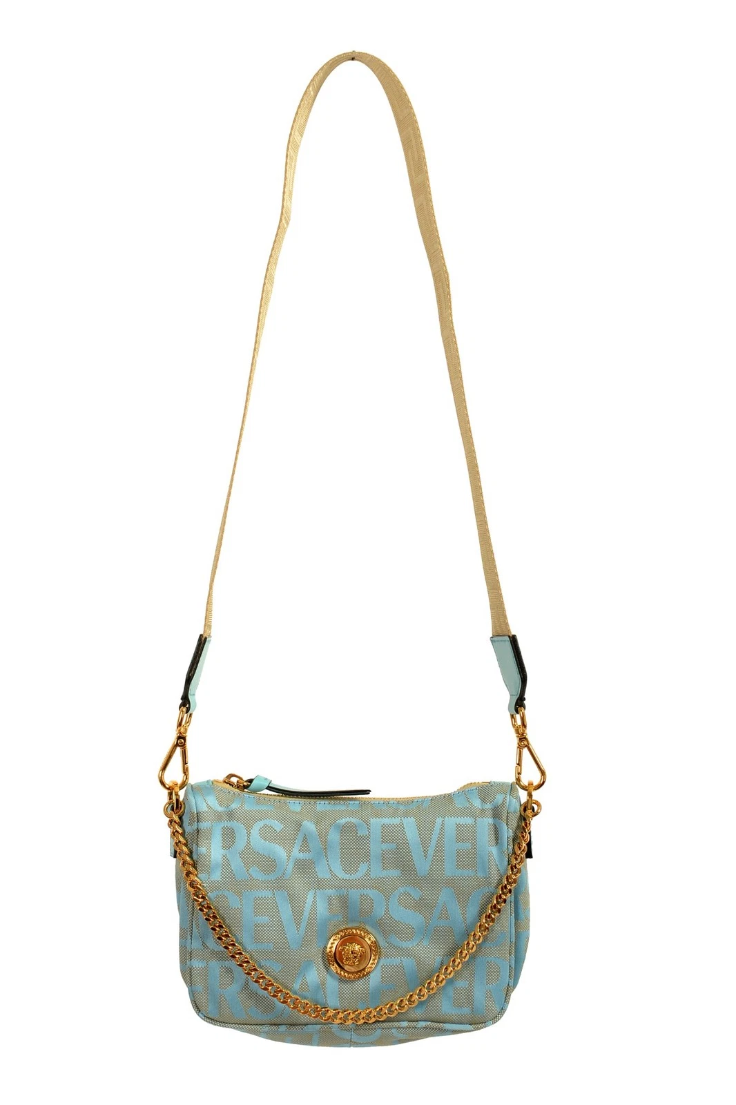 Versace — Versace Women's Blue Logo Print Gold Medusa Small Hobo Handbag Shoulder Bag