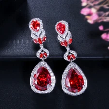 Gorgeous Silver Plated Red Cubic Zirconia Long Drop Earrings for Wedding Brides