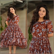 Brown Gown dress for girls, faux Georgette printed gown for festive and wedding