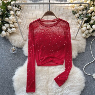 Lady Sequin Mesh Top Sheer See Through Shirt Long Sleeve Cropped Tops Slim Basic