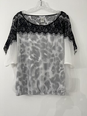 CACHE Womens Top Blouse Casual Size M White/black with Lace