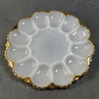 Anchor Hocking White Milk Glass Deviled Egg Plate Gold Trim 10" Party VTG