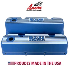Ford 351 Cleveland BLUE Finned Valve Covers - Die-Cast Logo - Ansen USA
