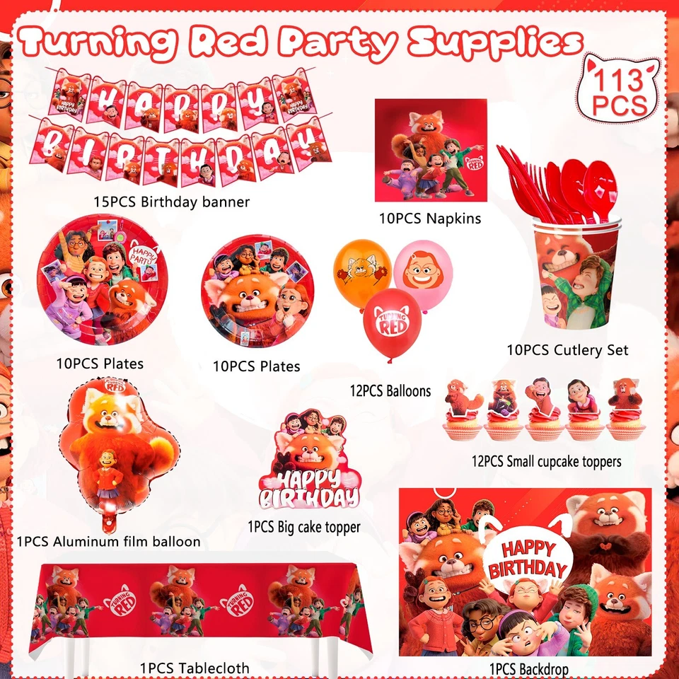 Turning Red Party Supplies Red Panda Party Decorations Balloons Plates Cups - Image 2 of 4