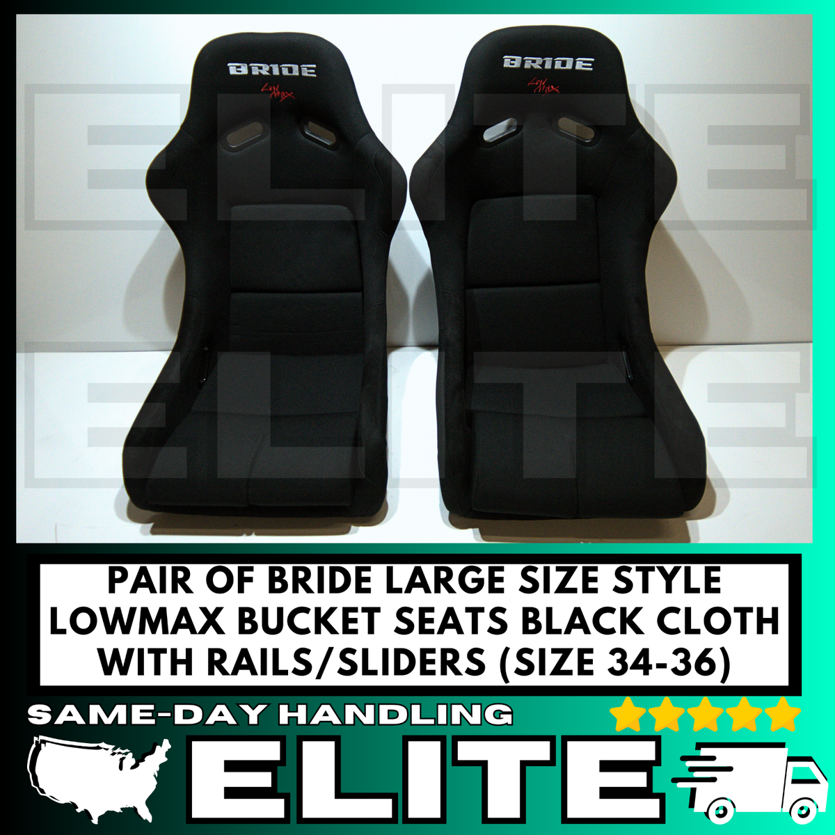 PAIR - Large (34-36) BRIDE VIOS Black Cloth Seats Low Max JDM