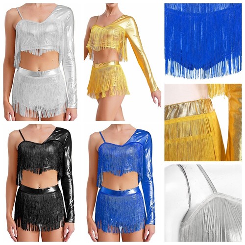 Women Skirt Sleeve Dancewear Dance Outfit Asymmetrical Metallic Fancy Dress - Picture 4 of 58