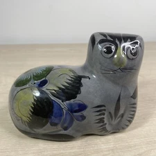 Vintage Tonala Mexican Pottery Hand Painted Folk Art Cat Figurine Mexico Signed