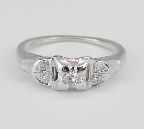 Antique Vintage Genuine Natural Diamond Engagement Ring 14K White Gold Size 4.75 - 第 1/5 張圖片