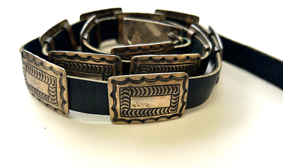 James Shay Navajo Sterling Silver Black Leather Concho Belt 