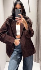 ZARA MUJER FW25 MARRÓN OSCURO 100% GAMUZA BLAZER OVERSIZE TALLA S 4341/710/716