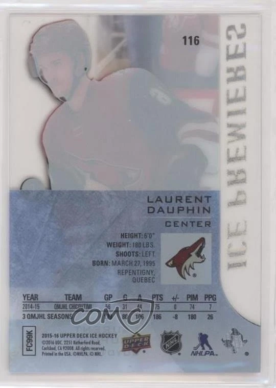 2015-16 Upper Deck Ice Premieres /1999 Level 5 Laurent Dauphin #116 Rookie RC - Image 2 of 2