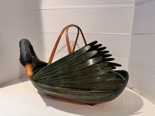 Vtg LARGE Green Woven Wicker Rattan Bamboo Goose or Swan Duck Basket Handpaint