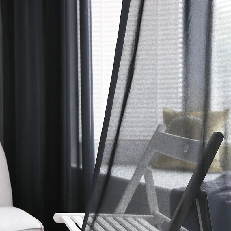 Solid Black Chiffon Sheer Curtains for Living Room Window Curtains Modern Tulle - Image 2 of 4