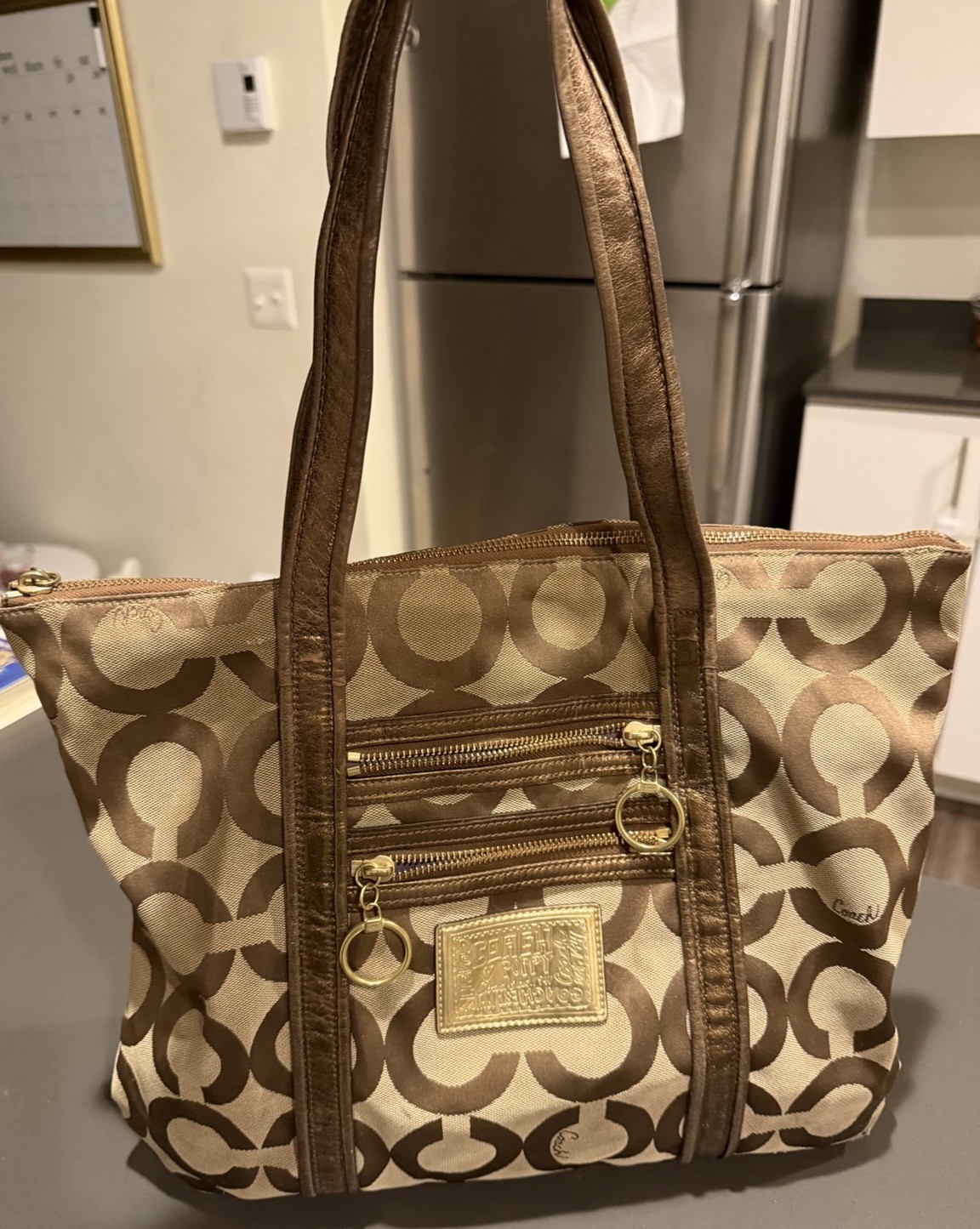 COACH 13826 Poppy Op Art Glam Signature Tote Brown/Khaki Signature Canvas Bronze